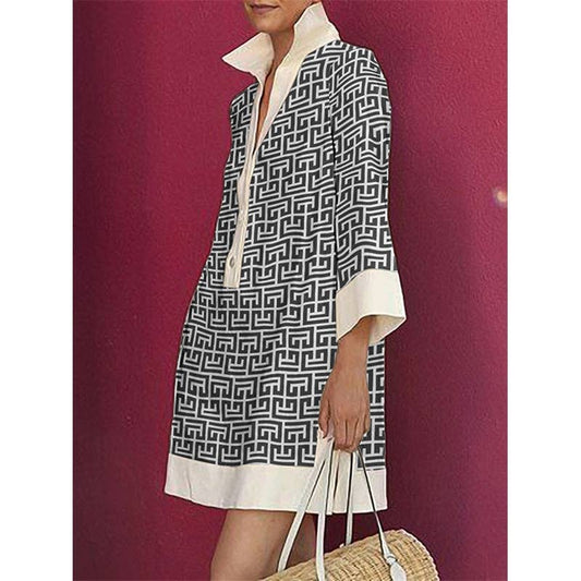 Long Sleeves Three-Quarter Sleeves Buttoned Printed Lapel Mini Dresses: GREEN