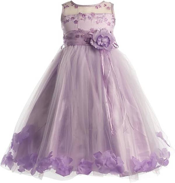 Girls Embroided Flower Girl Dress with Floating Petals : White / 6