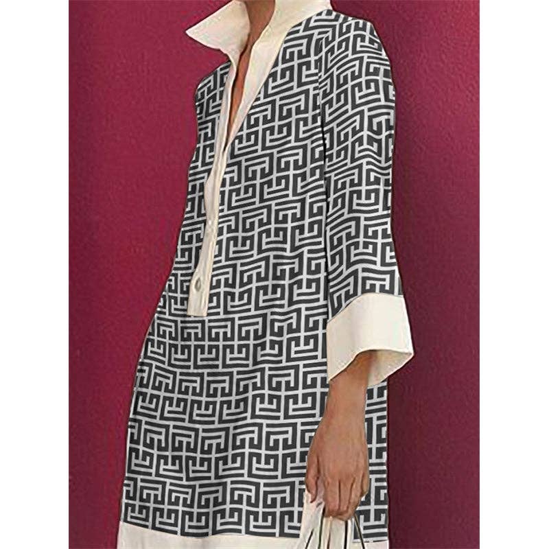 Long Sleeves Three-Quarter Sleeves Buttoned Printed Lapel Mini Dresses: GREEN