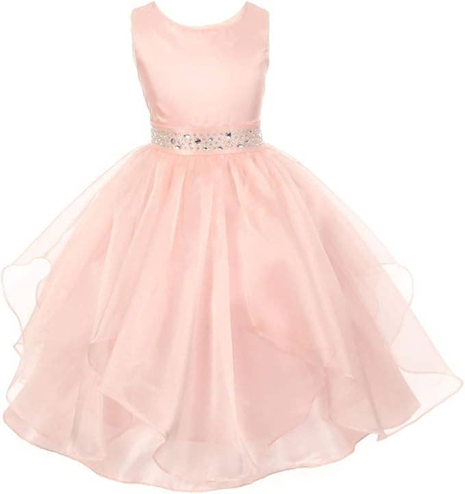 Little Girls Sparkling Stone Waist Organza Party Dress: White / 14