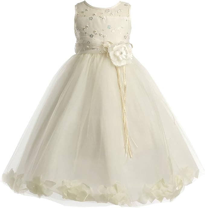 Girls Embroided Flower Girl Dress with Floating Petals : White / 6