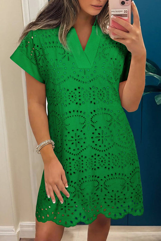 Green Solid Color Eyelet Embroidered T Shirt Mini Dress: Green / 100%Cotton / XL