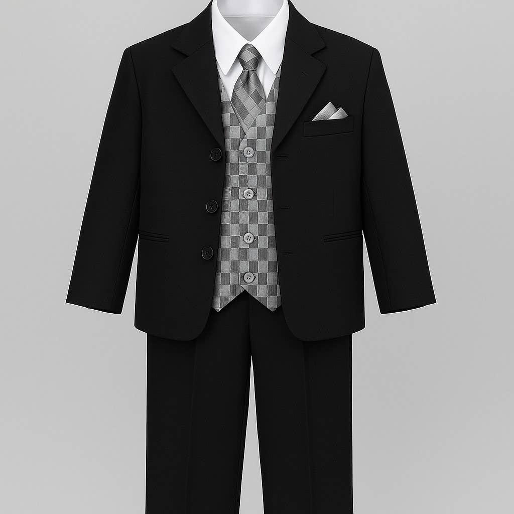 5 Piece Boys Formal Dress Suit with Shirt and Vest : Black / 1T