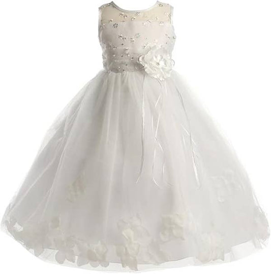 Girls Embroided Flower Girl Dress with Floating Petals : White / 6