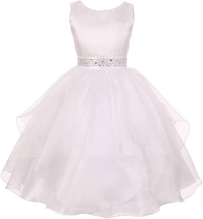 Little Girls Sparkling Stone Waist Organza Party Dress: White / 14