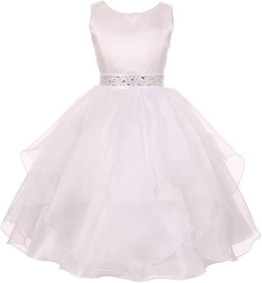 Little Girls Sparkling Stone Waist Organza Party Dress: White / 14