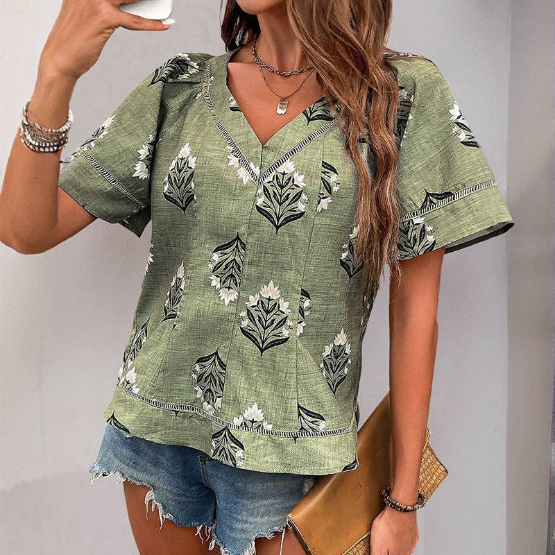 Women's Boho Print V-Neck Short Sleeve Blouse: Green / 100% polyester / XL