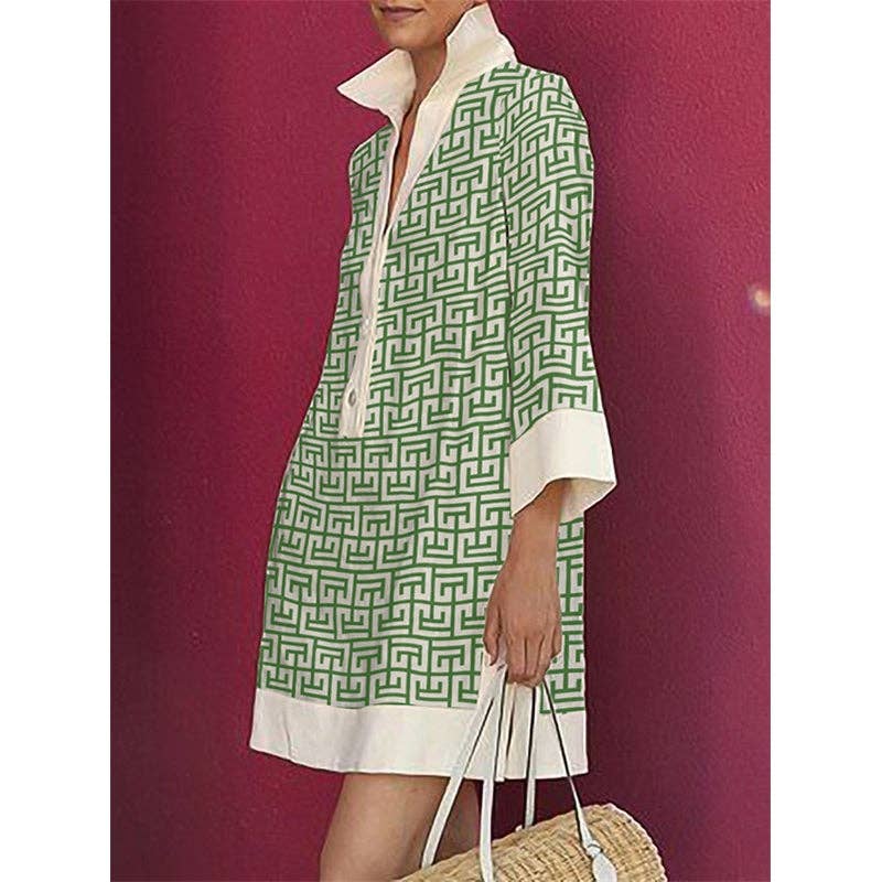 Long Sleeves Three-Quarter Sleeves Buttoned Printed Lapel Mini Dresses: GREEN