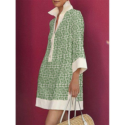 Long Sleeves Three-Quarter Sleeves Buttoned Printed Lapel Mini Dresses: GREEN