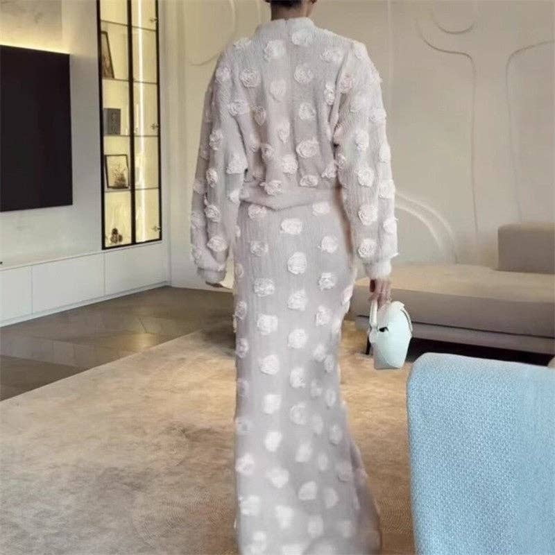 Floral Lantern Sleeve Top Skirt Set: Apricot