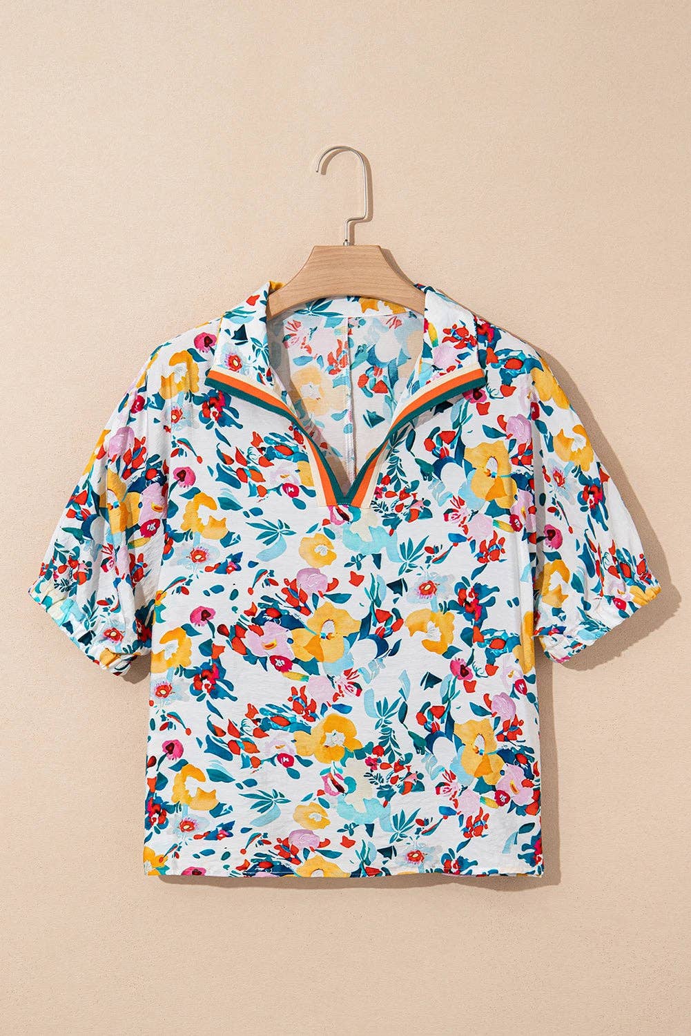 Floral Print Slit V Neck Short Sleeve Blouse / 81%Viscose+19%Polyamide