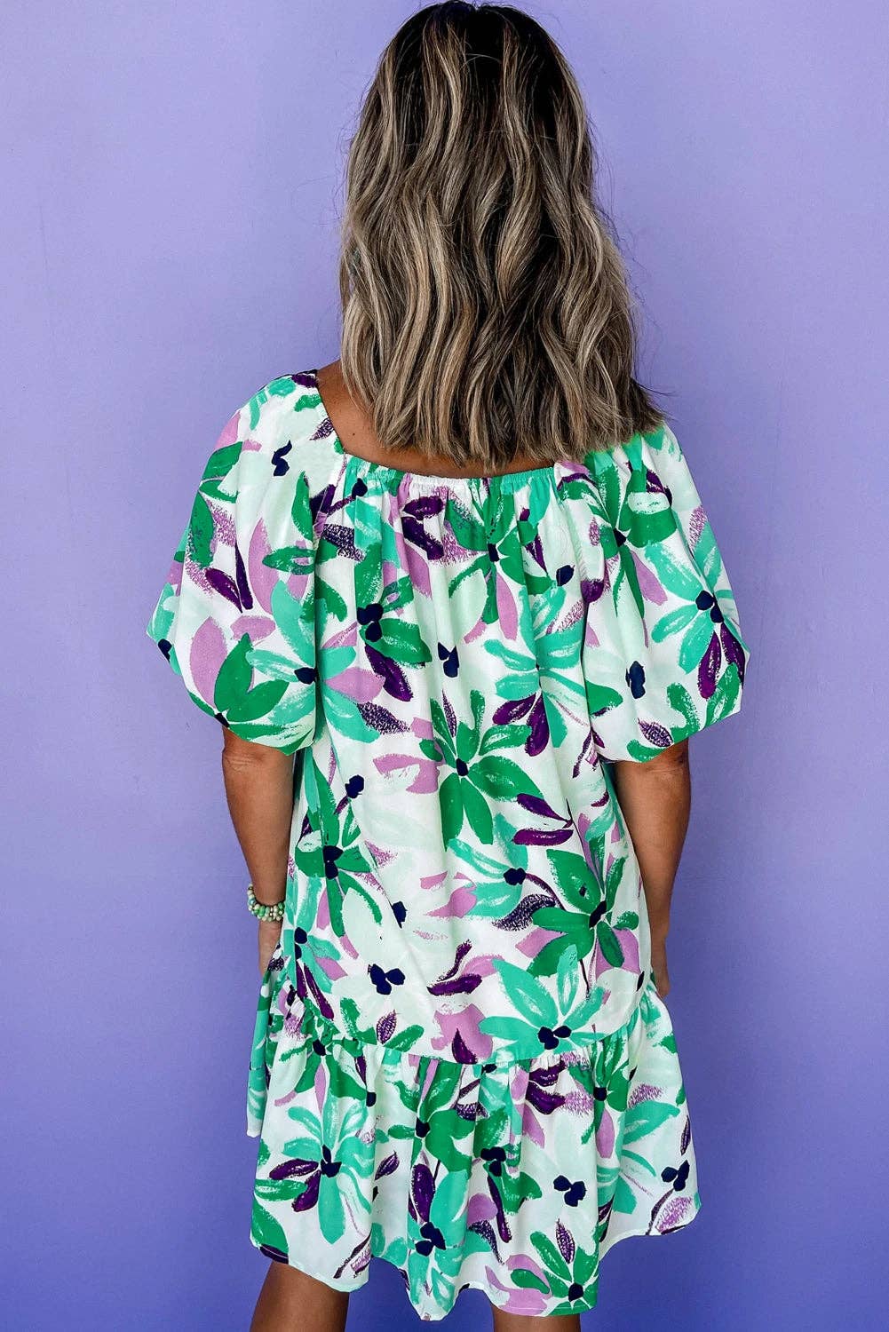 Green Floral Print Shirred Square Neck Loose Fit Mini Dress: Green / 100%Polyester / XL