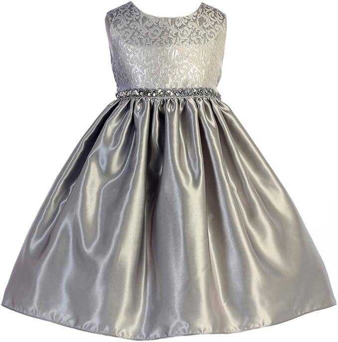 Girls Glitter Scroll Brocade Satin Holiday Party Dress: Silver / 8