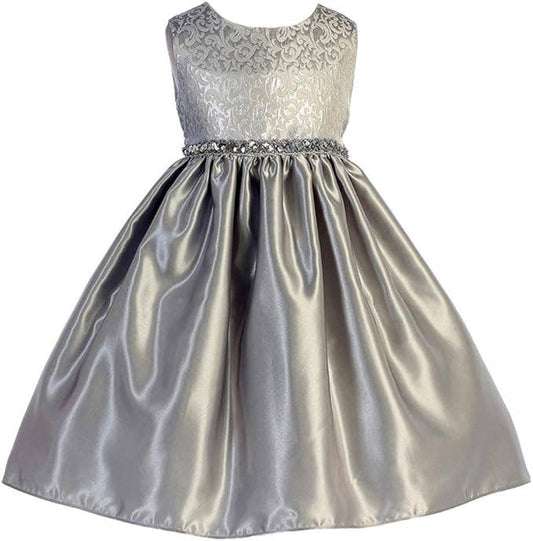 Girls Glitter Scroll Brocade Satin Holiday Party Dress: Silver / 8