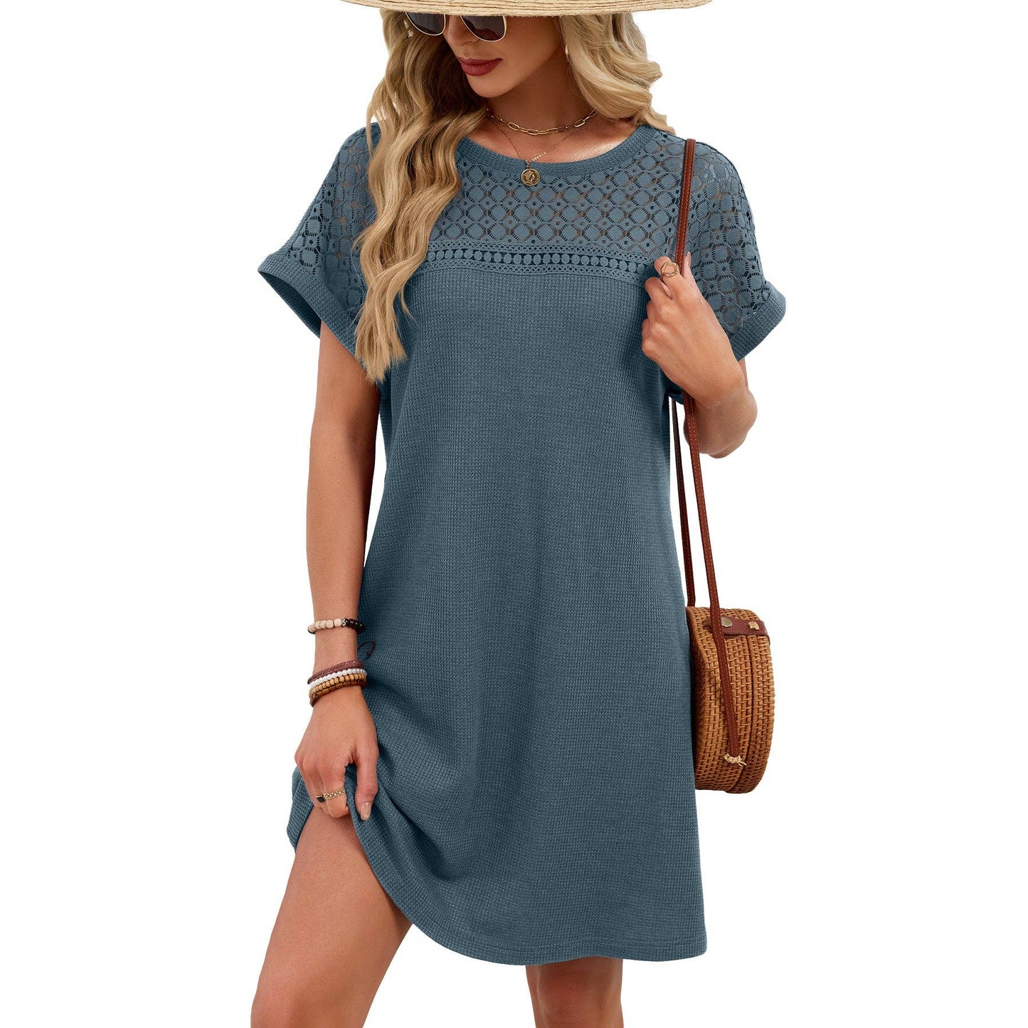 Lace Patchwork Casual Short Sleeve Loose Summer Dress: Blue Gray / 65%Rayon 30%Polyester 5%Spandex