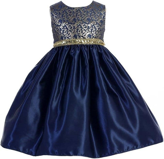 Girls Glitter Scroll Brocade Satin Holiday Party Dress: Navy / 2