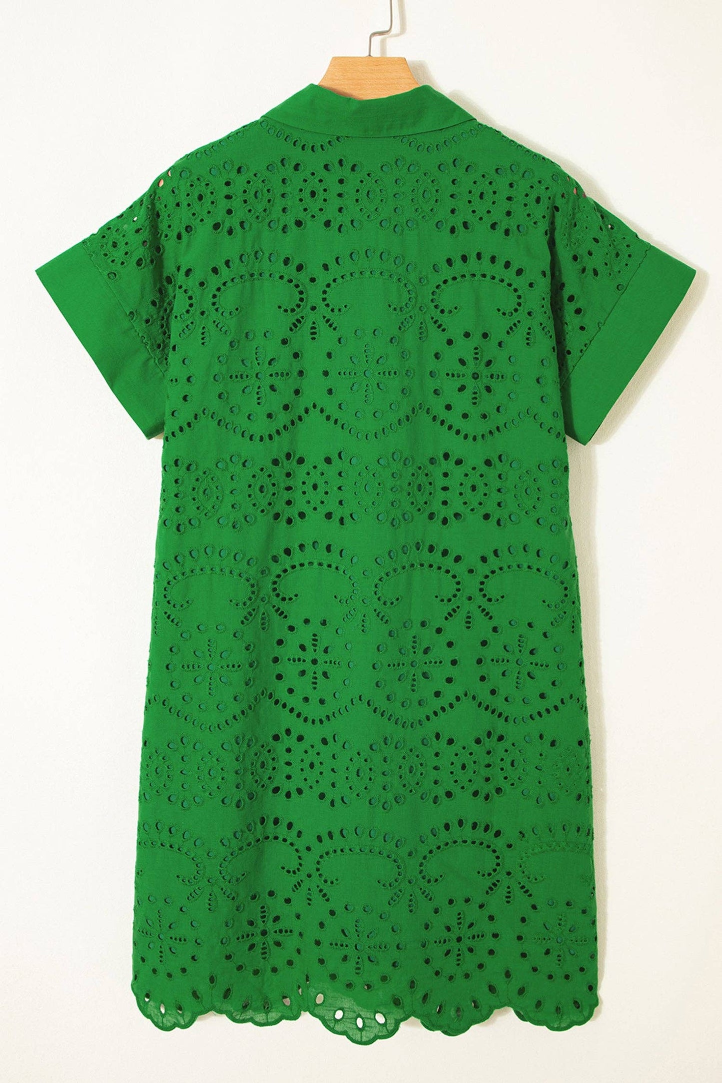 Green Solid Color Eyelet Embroidered T Shirt Mini Dress: Green / 100%Cotton / XL