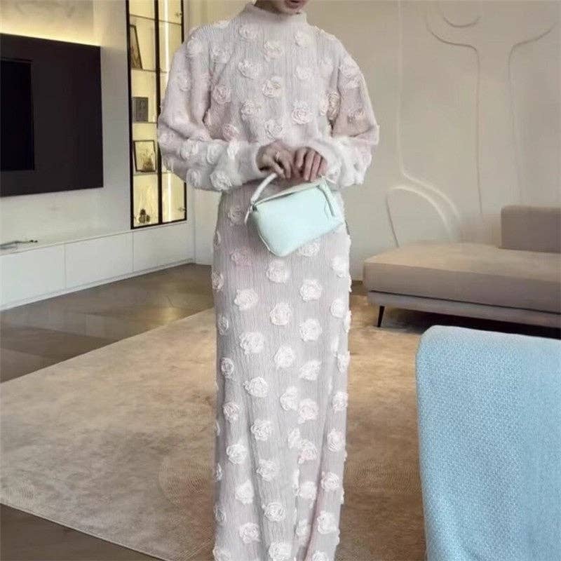 Floral Lantern Sleeve Top Skirt Set: Apricot