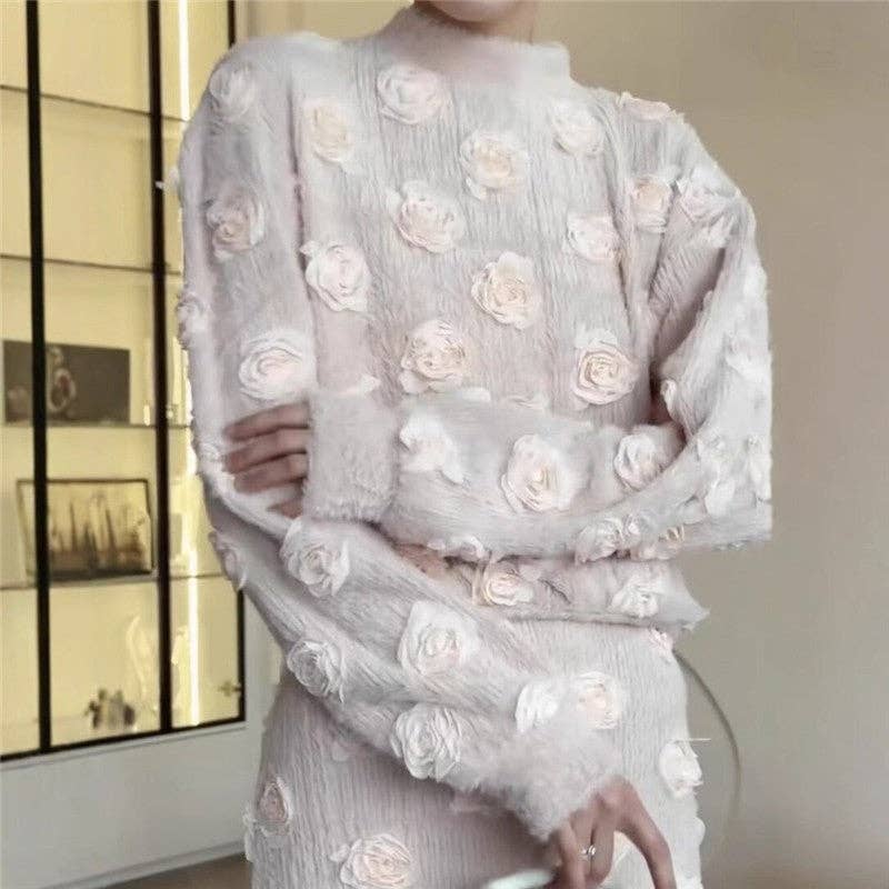 Floral Lantern Sleeve Top Skirt Set: Apricot