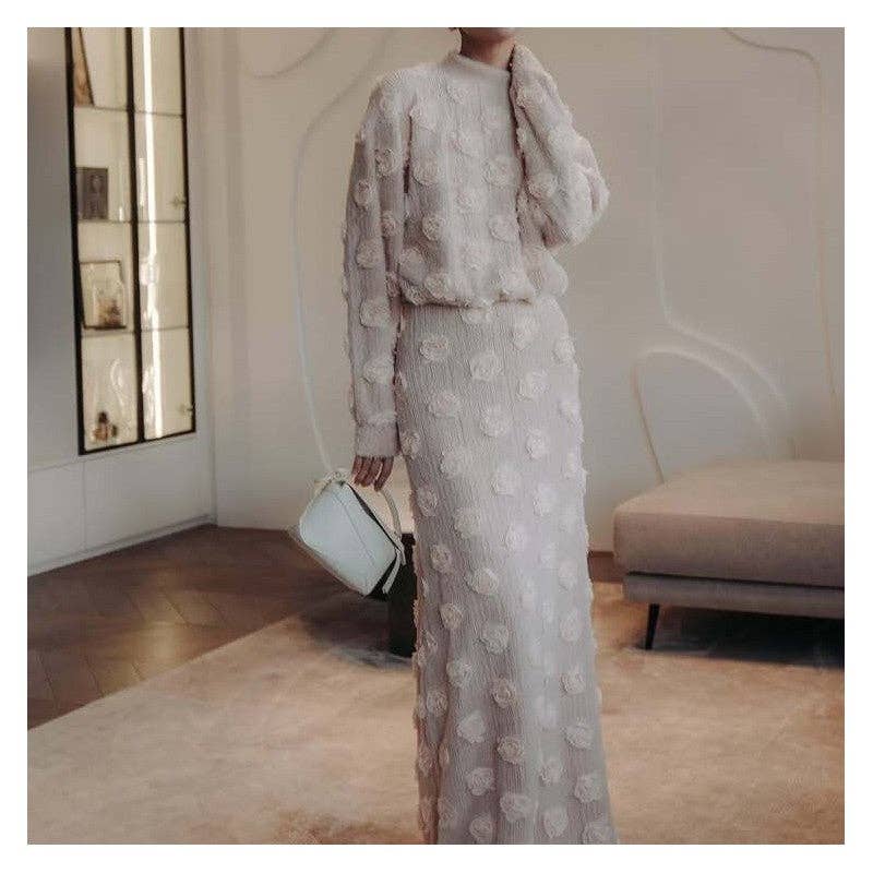 Floral Lantern Sleeve Top Skirt Set: Apricot