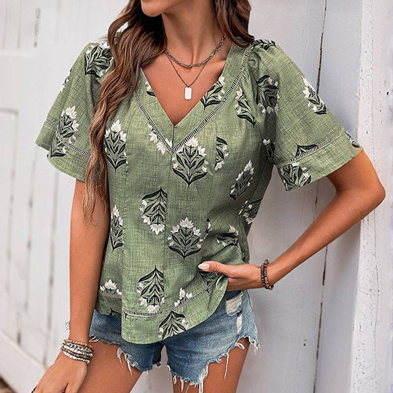Women's Boho Print V-Neck Short Sleeve Blouse: Green / 100% polyester / XL